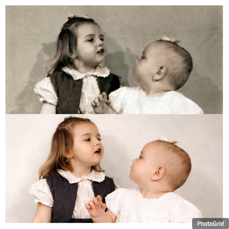 Vintage black and white family photo of two young sisters restored into a modern color portrait.