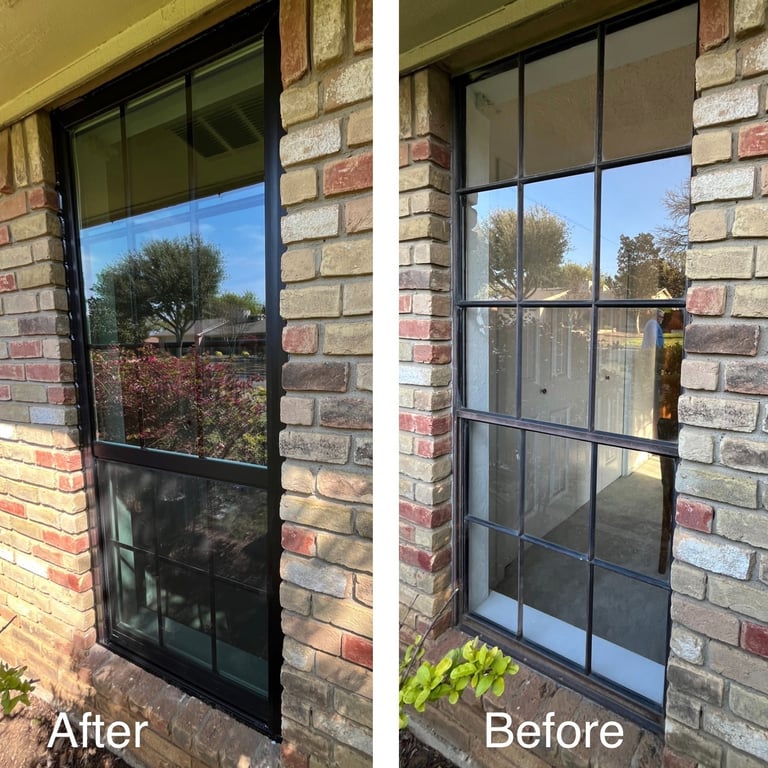 after and before black window with grids