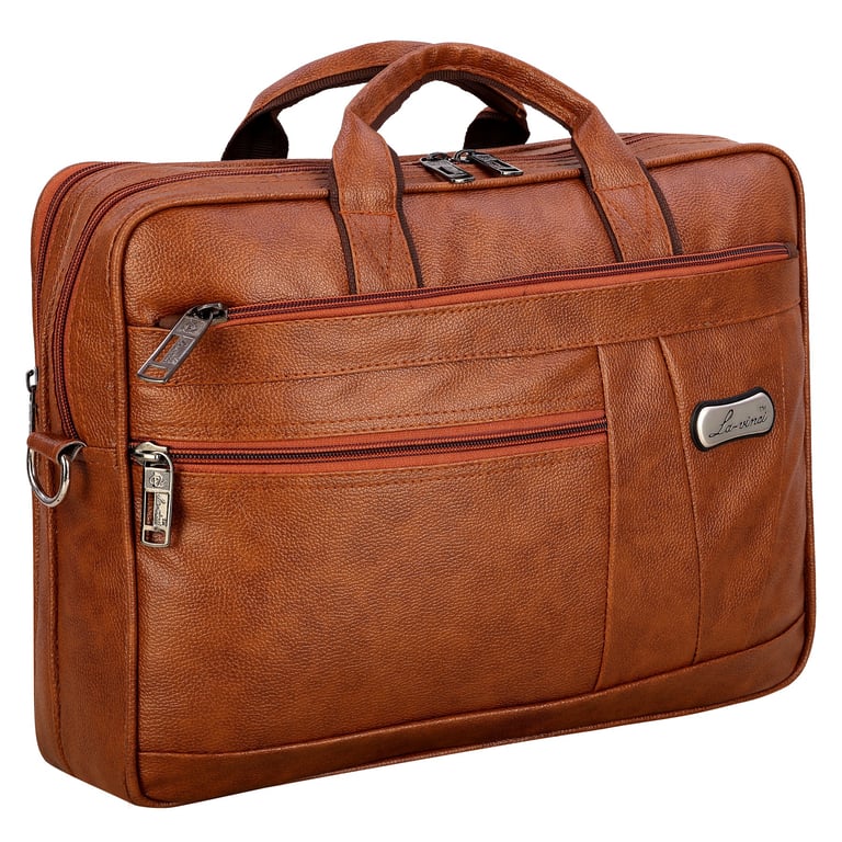 a brown leather office bag with multiple compartments