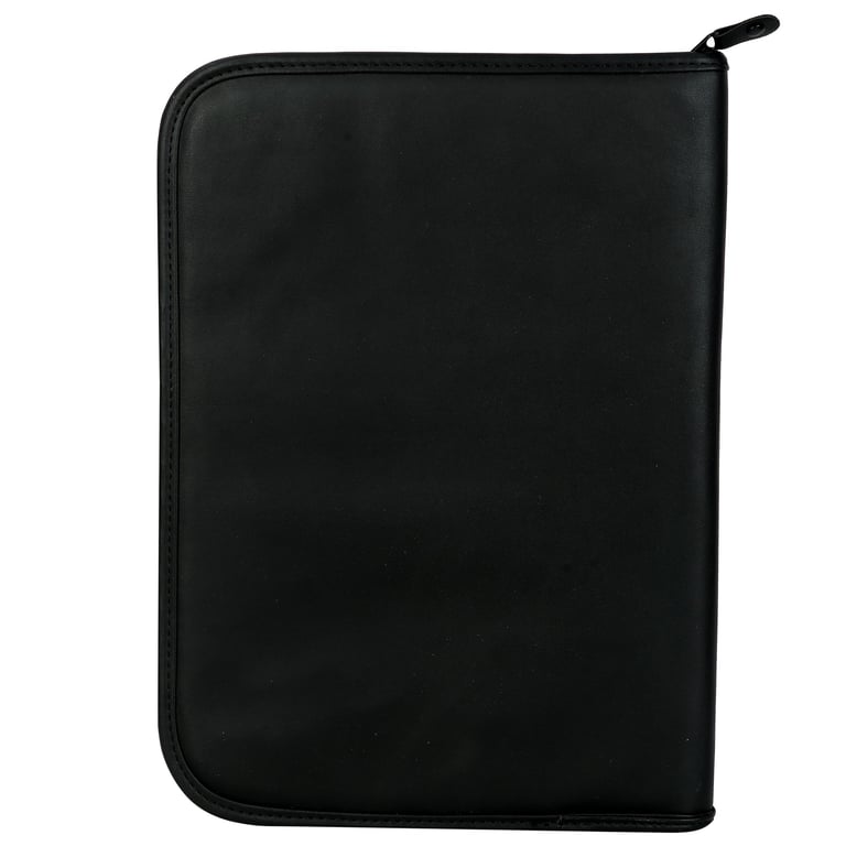 a black folder with a zippered closure