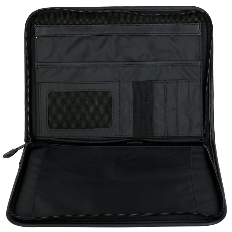 a black conference folder with multiple compartments
