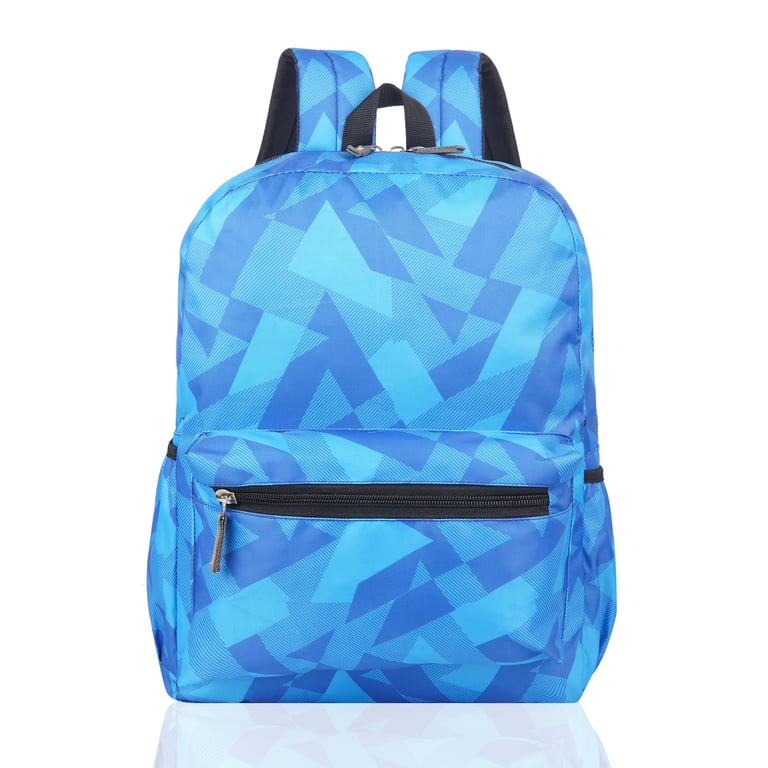 a light blue school bags with print pattern and compartment