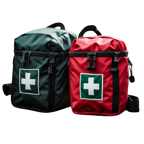 first aid bags in red and green color with first aid logo