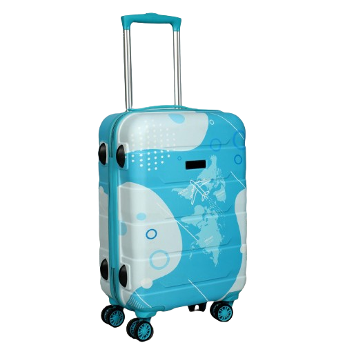 hard luggage trolley with a map of the world