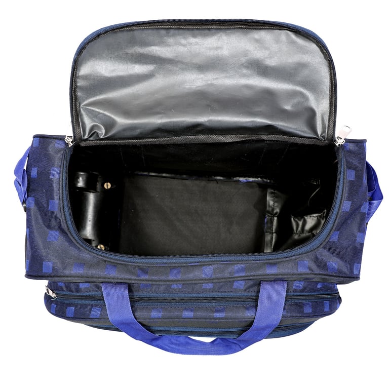 blue duffle bag showing main open compartment