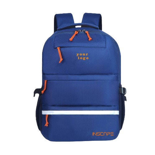 navy blue color school bags with white color design and orange zipper ties