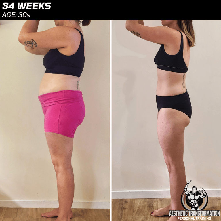Stevie’s weight loss transformation before and after – 34 weeks side view