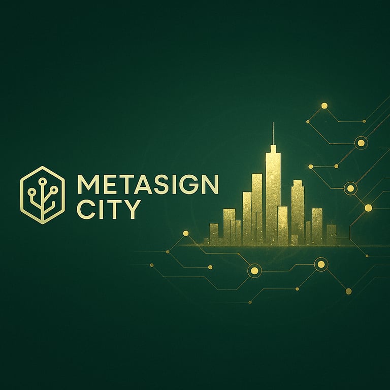 Metasign City graphic in gold on dark green