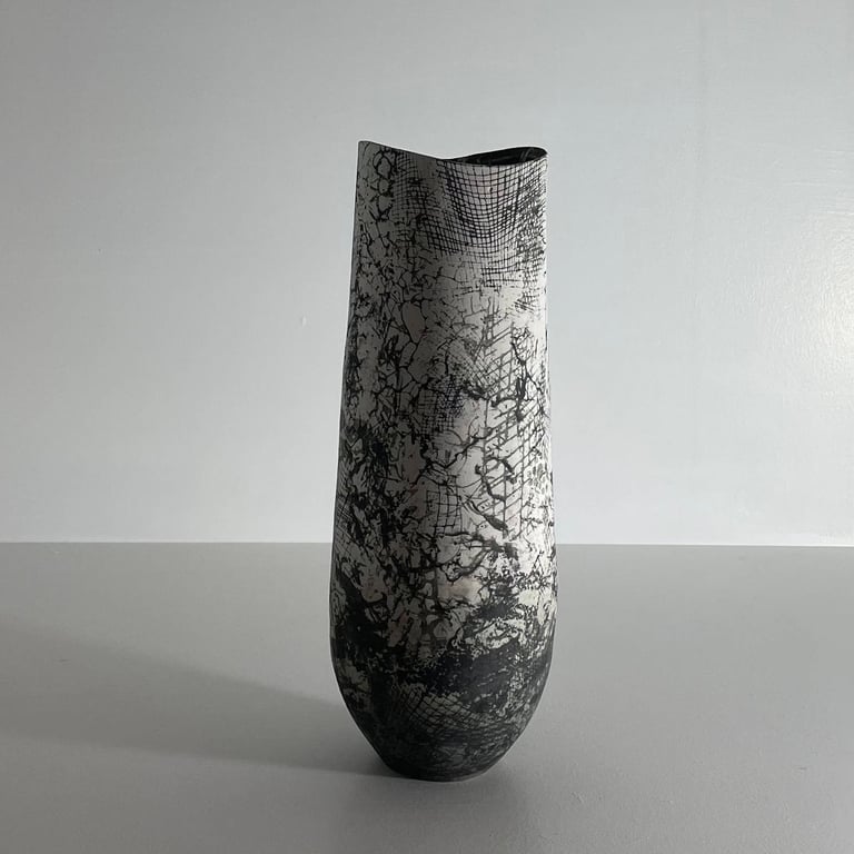 Black and white vase with modern textural pattern