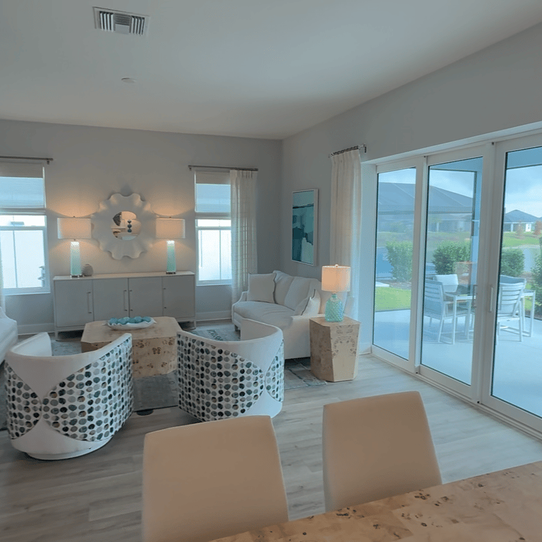 Interior of a Sanderling model home on the Street of Dreams with view of living room and lanai
