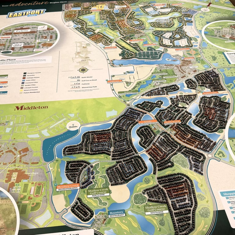 Large map of The Villages showing neighborhoods and waterways reviewed during the Street of Dreams tour