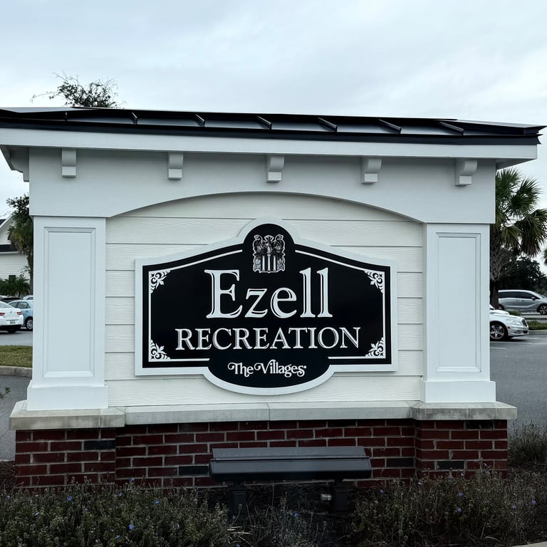 Ezell Recreation Center sign in The Villages, one of the recreation complexes with a fitness center
