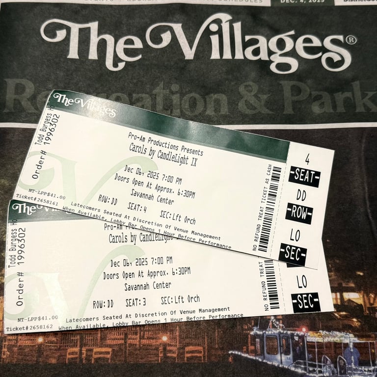 Two tickets to the Carols by Candlelight show at the Villages displayed on Villages newspaper