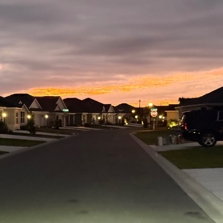 Evening view of the Well Point neighborhood at The Villages with homes lining a quiet street