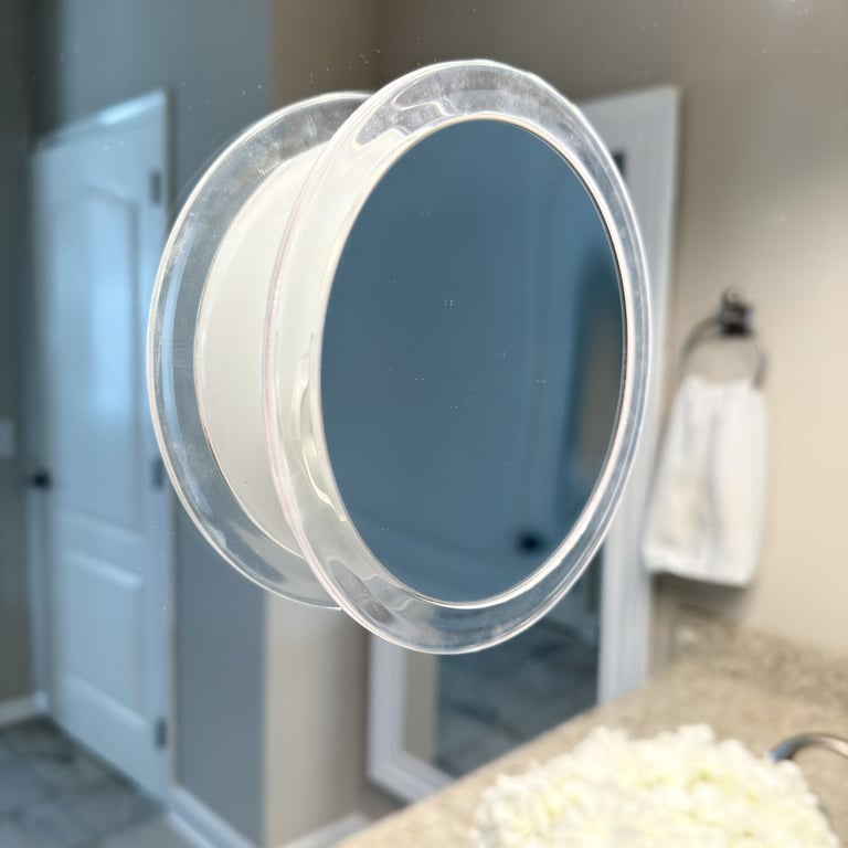 Magnifying mirror with suction attached to a bathroom mirror for travel makeup use
