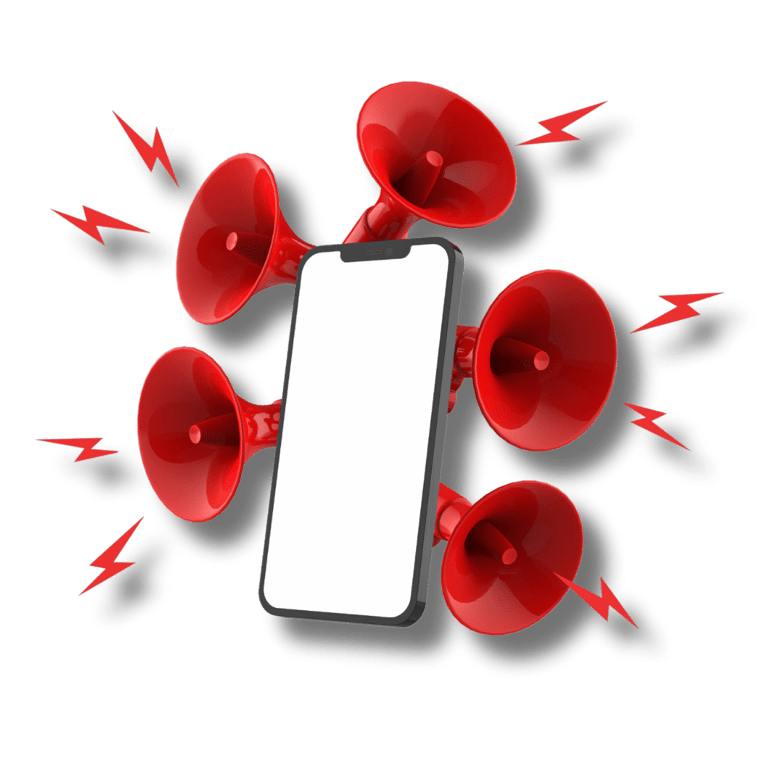 teléfono smartphone rodeado de altavoces 
