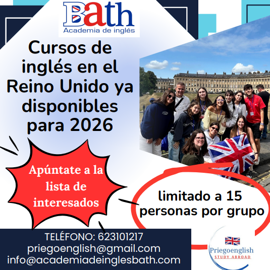 Cartel de cursos de inglés en el Reino Unido 2026 con grupo de estudiantes.
