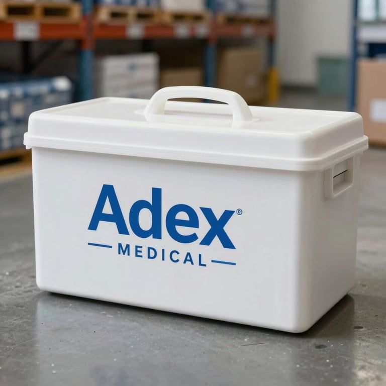 A clean, white medical delivery box with the blue Adex Medical corporate branding in a modern warehouse environment.