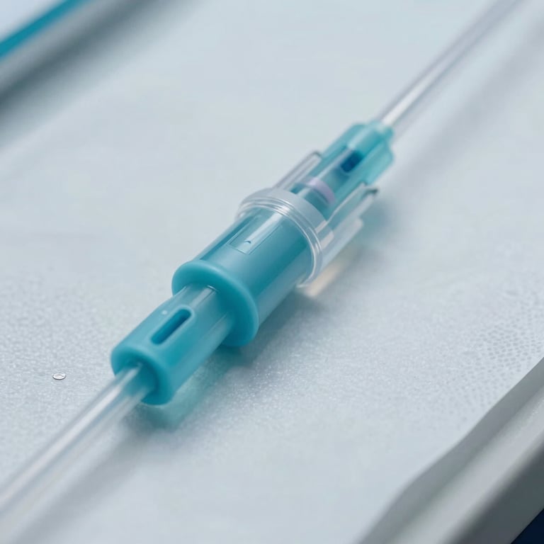 Detailed view of a sterile packaged IV set with light blue components and clear plastic tubing.