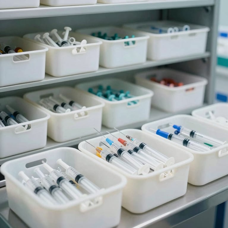A professional medical storage area featuring organized bins of syringes and needles under bright white lighting.