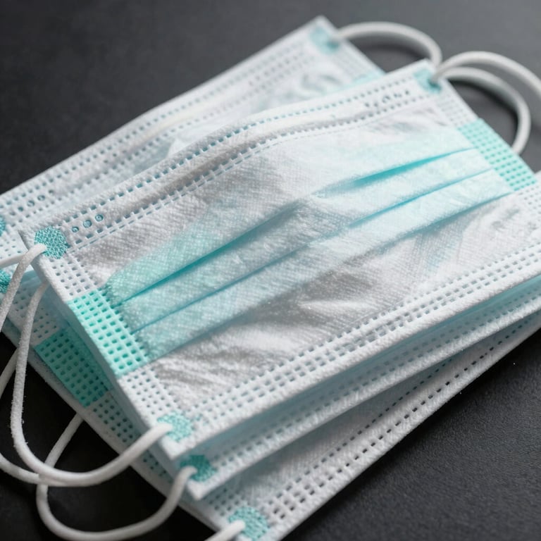 A stack of high-quality surgical face masks with soft white textures and seafoam green straps.