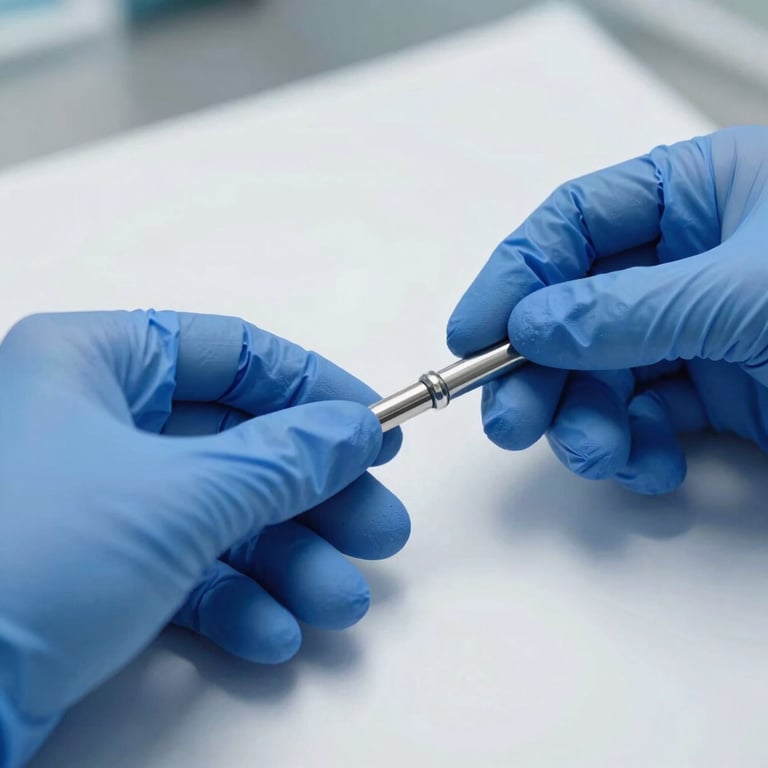 Macro shot of blue nitrile surgical gloves on a sterile white background in a professional US clinical setting.