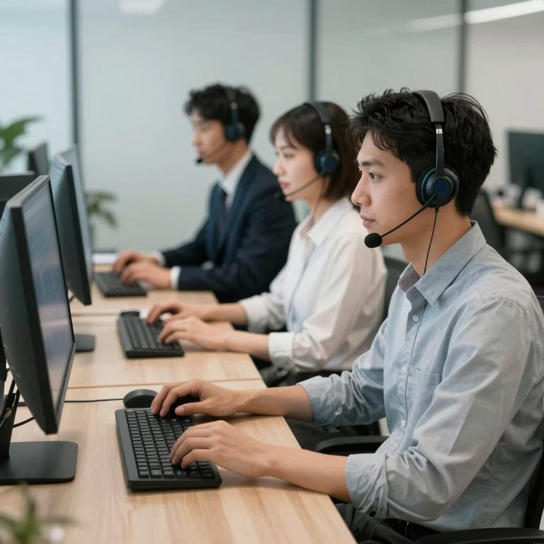 Professional customer support team in a modern office with sleek computer monitors.