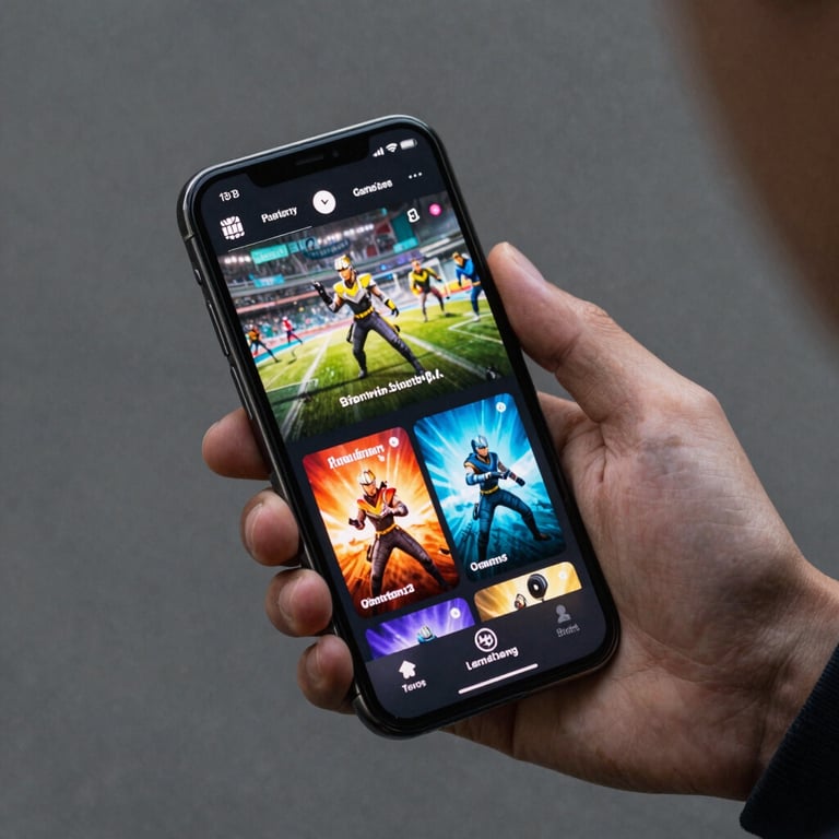 A close-up of a hand holding a high-end smartphone displaying a colorful gaming app.