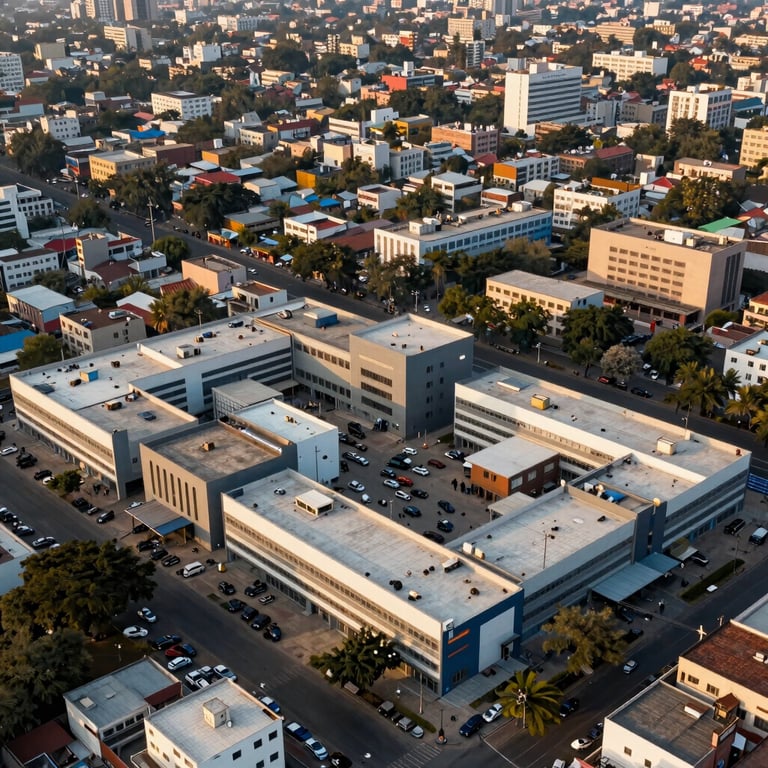 An aerial view of the Mohan Cooperative Industrial Estate in Delhi during the golden hour, showing a mix of commercial architecture.