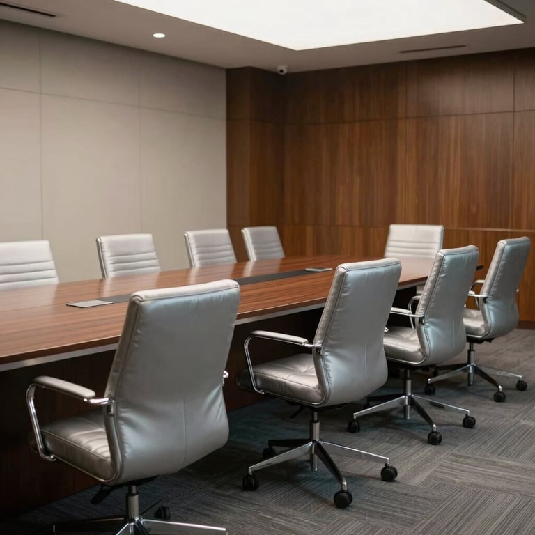 A professional conference room in a South Asian / Indian corporate office, featuring a long table and silver sage upholstered chairs.
