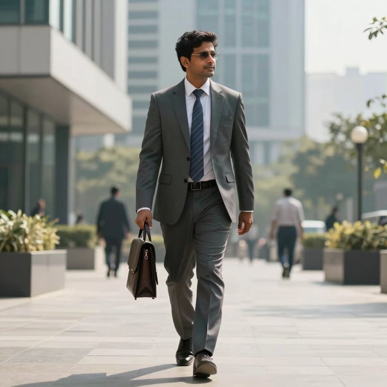 A South Asian / Indian professional in business attire walking through a modern, sunlit corporate plaza in Gurugram.