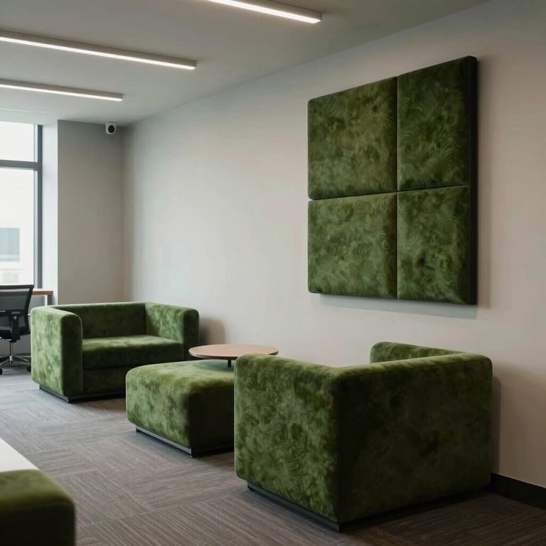 A modern office interior with mist-colored walls and dark moss green furniture accents in a South Asian / Indian business hub.