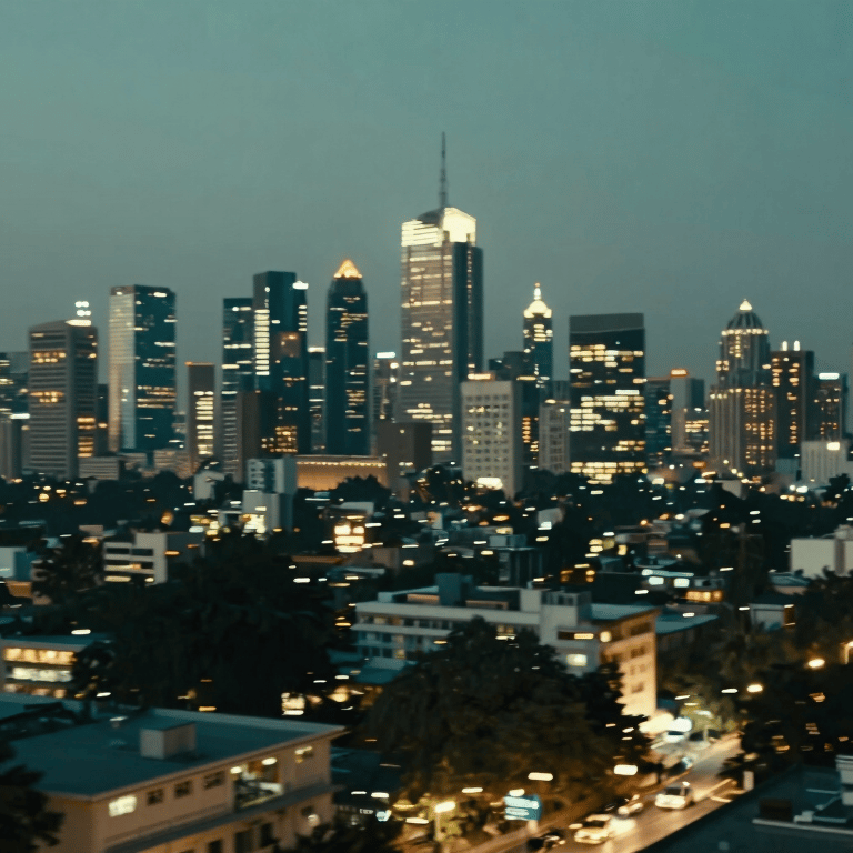 A wide-angle shot of a sleek commercial skyscraper in Noida, featuring a South Asian / Indian urban environment under a clear morning sky.