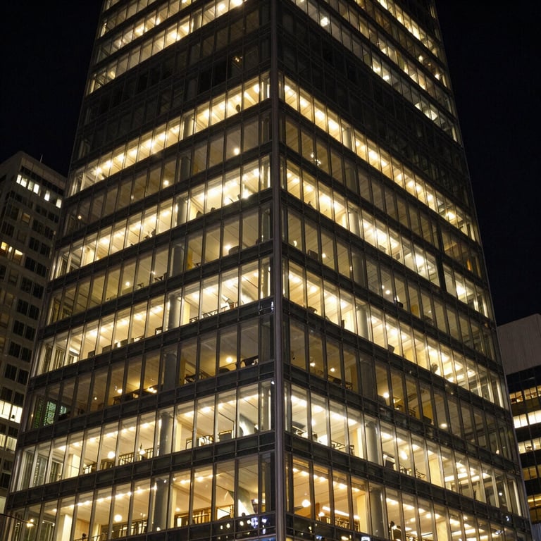 A nighttime photograph of a glass office tower in the NCR region, illuminated with warm interior lights and a sophisticated vibe.