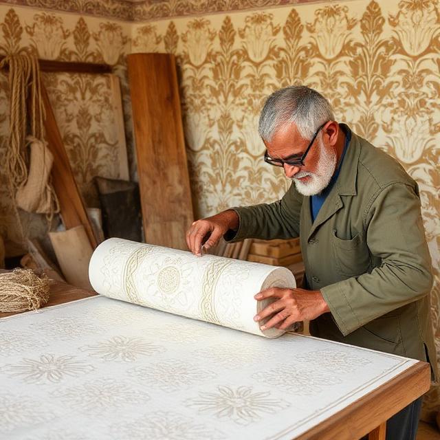 A skilled craftsman unrolling a roll of vintage damask wallpaper on a wooden workbench.