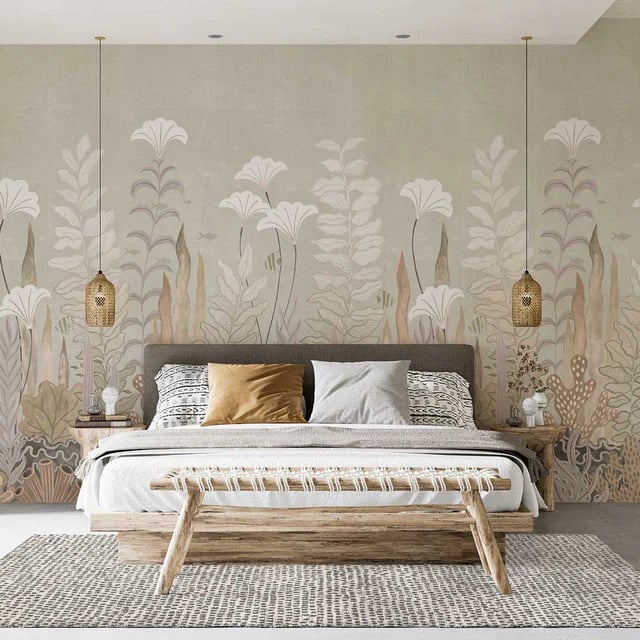 Modern bedroom with floral wall mural, wooden bed frame, and woven pendant lights.