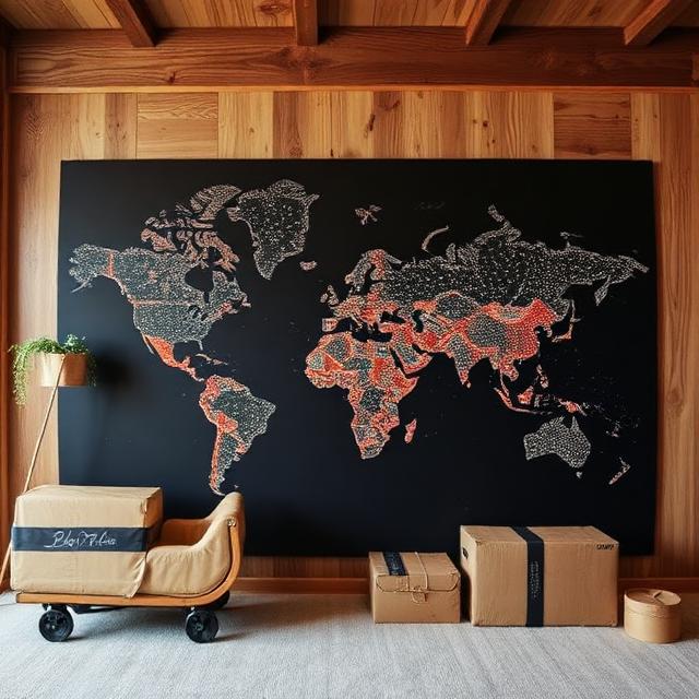 Large black world map wall art in a modern wood-paneled room with cardboard shipping boxes.