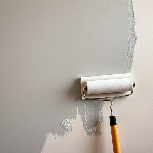 A white paint roller applying a fresh coat of light gray interior paint to a neutral colored wall.