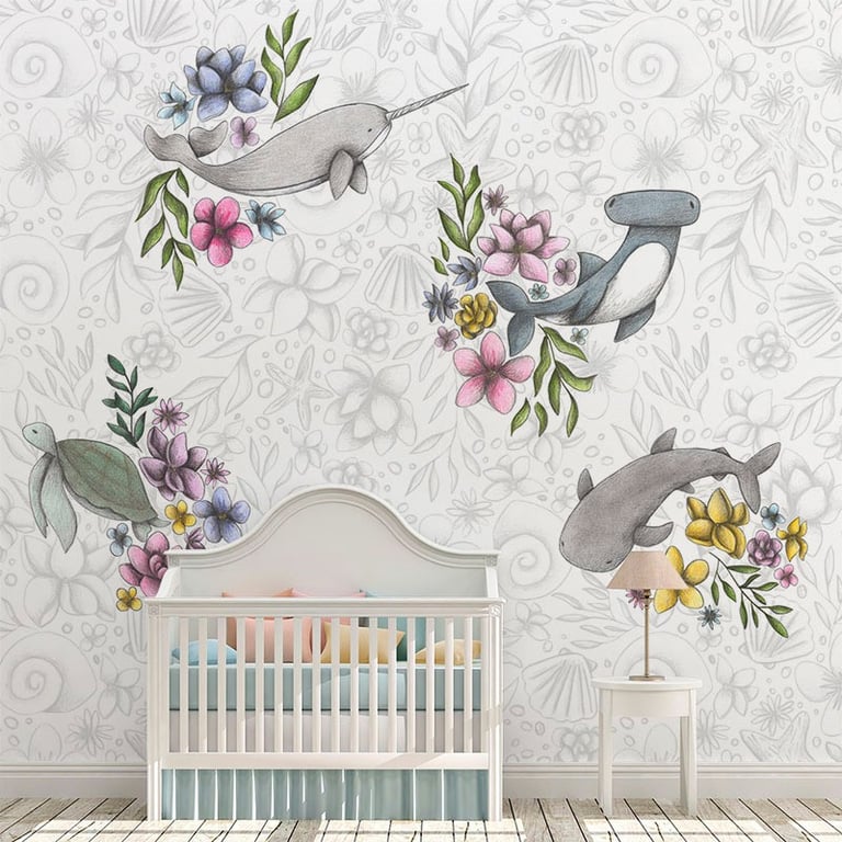 Kids Bedroom with a sea creatures and flowers Wallpaper