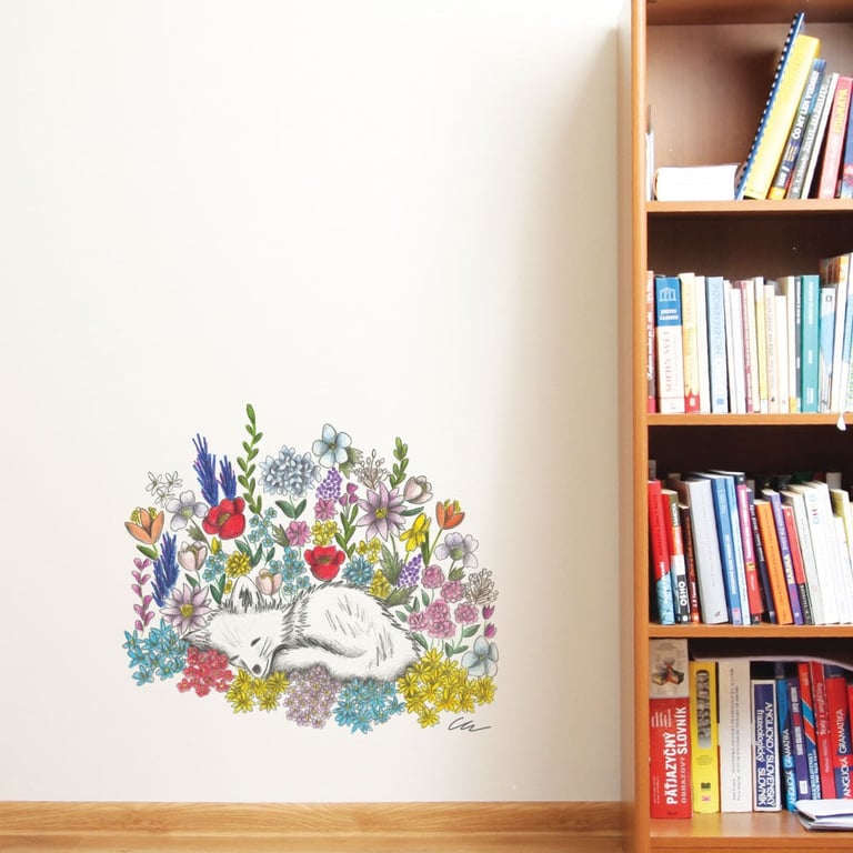 White wall with a hand-drawn fox illustration wall sticker