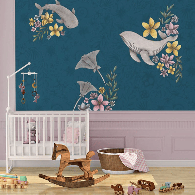 Kids Bedroom with a sea creatures and flowers Wallpaper