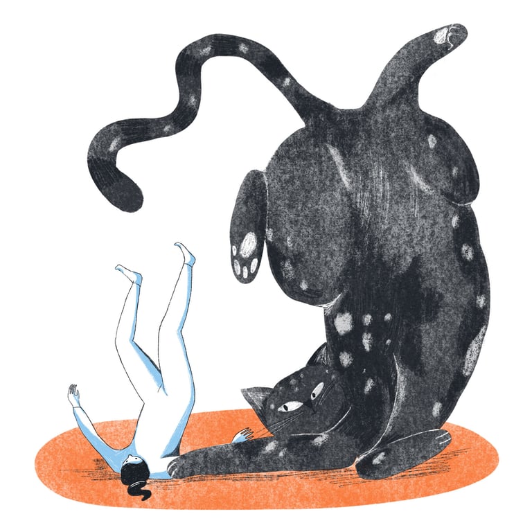 illustration of a giang cat and a small person having fun and playing together