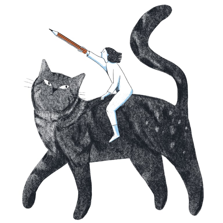 illustration of a person riding a cat with a pencil on her hand leading the way