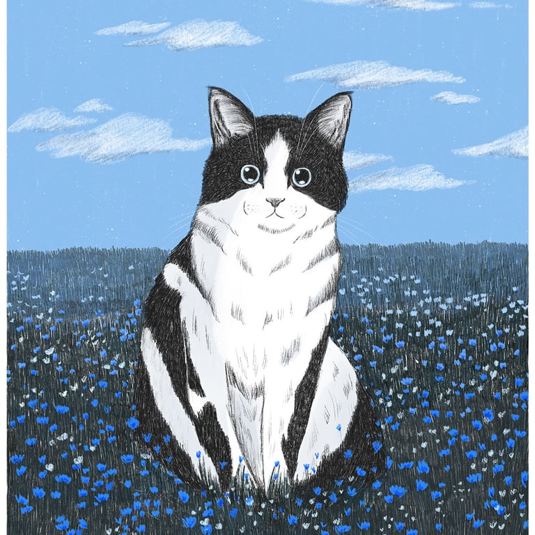 illustration of a tuxedo black and white cat in a field of blue flowers