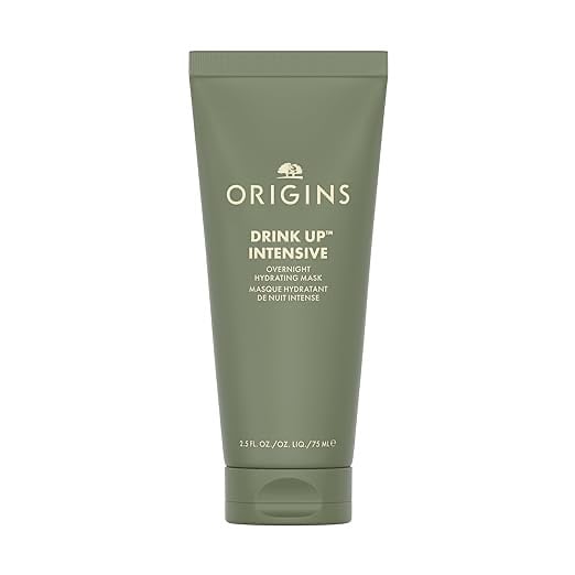 Origins Drink Up Intensive Overnight Mask in a bold green tube with white branding, pho