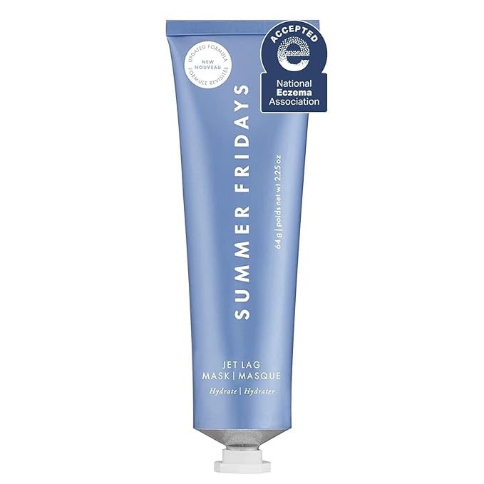 Summer Fridays Jet Lag Mask in a sleek light blue tube, positioned upright against a ne