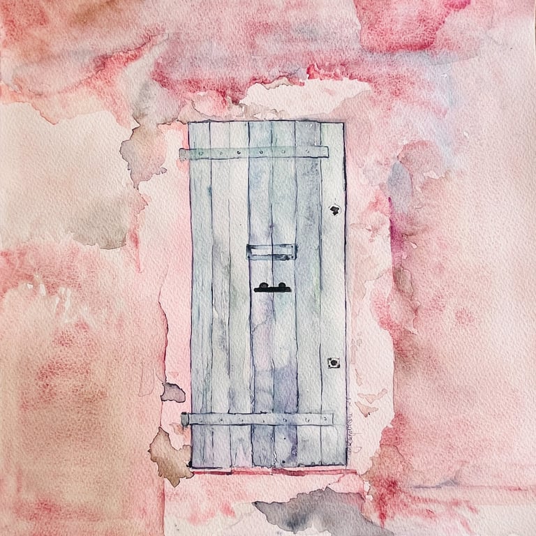 French Village House A Lonely Blue Door, Pink Cracked Wall Watercolor Painter Weronika Kacperski