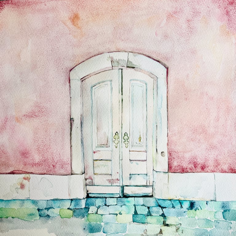 French Village House White Door Pink Wall Weronika Kacperski Watercolor
