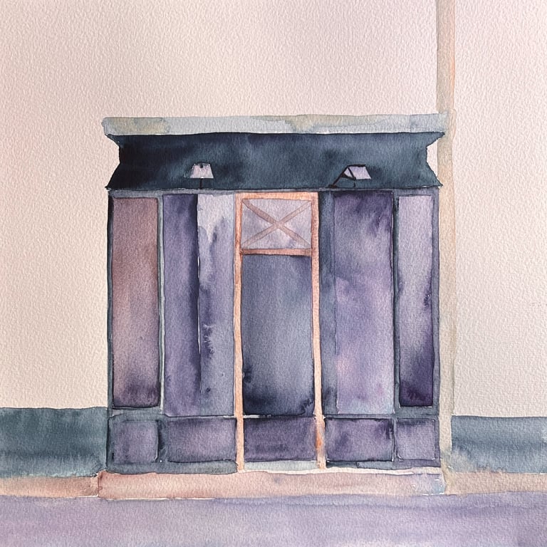 Watercolor of a violet amethyst storefront set in a pale blush wall, frontal architectural composition with soft shadows.