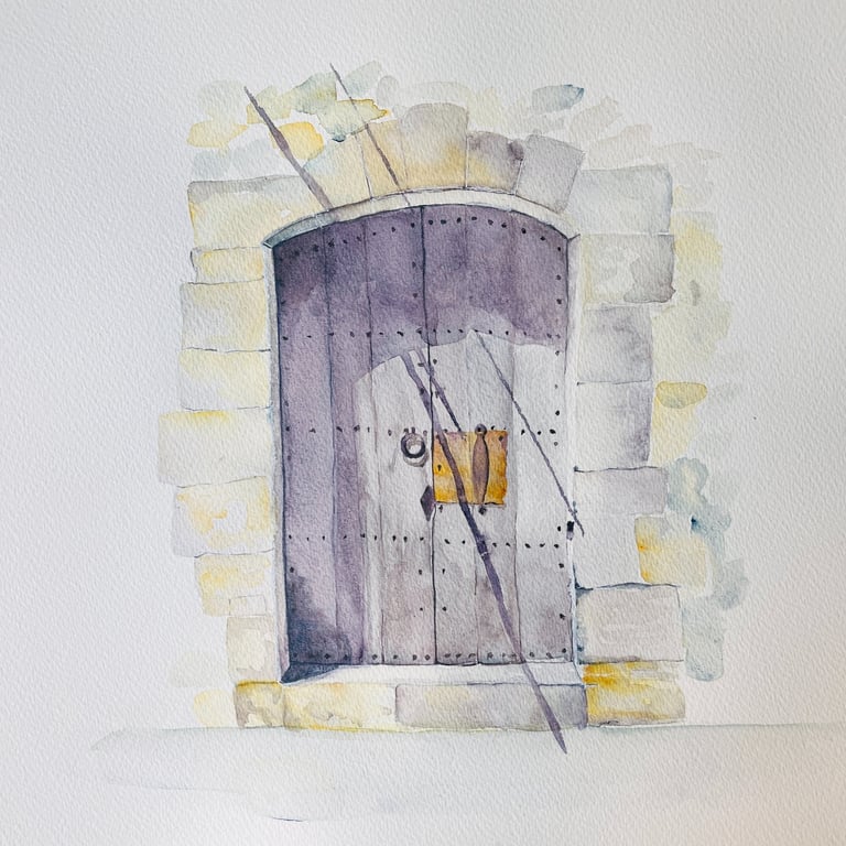 Mineral-toned stone gate painted in watercolour, 30 × 30 cm, from the Portes series by Weronika Kacperski